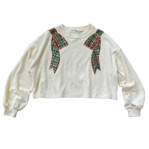 Peach Love California M Sequin Bow Pullover | Holiday Plaid, Cream Ribbed, NWOT - Picture 1 of 9